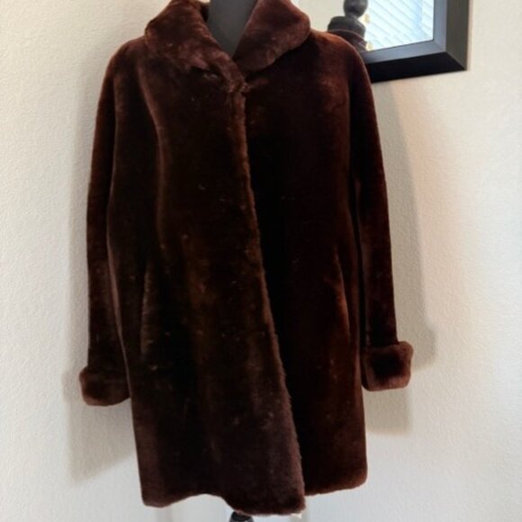 VINTAGE 50s Mouton Sheepskin Fur Chocolate Brown Coat Large - Picture 2 of 16
